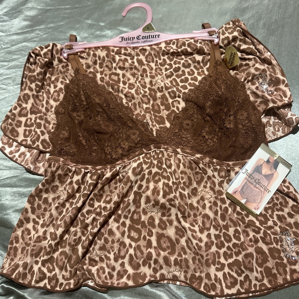 Juicy Couture Brown Lace-Trim Leopard Satin Camisole